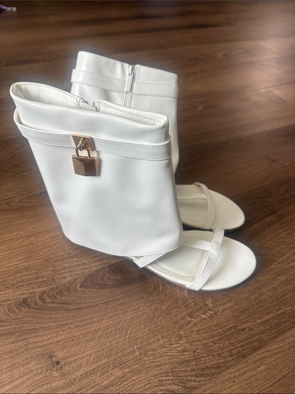 White Mid-Calf Heeled Sandal Boots with Gold Padlock Accent